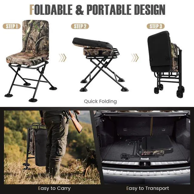 Alt view image 6 of 7 - Hunting Chair, 360 Degree Swivel Camouflage Portable Folding Hunting Blind Chair with Padded Cushion, Adjustable Foot Pads for Blinds, Fishing, Camping
