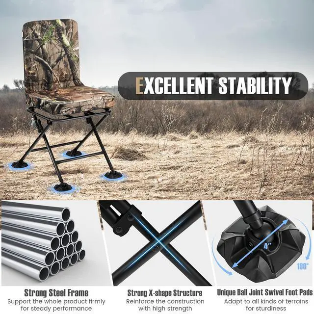 Alt view image 7 of 7 - Hunting Chair, 360 Degree Swivel Camouflage Portable Folding Hunting Blind Chair with Padded Cushion, Adjustable Foot Pads for Blinds, Fishing, Camping