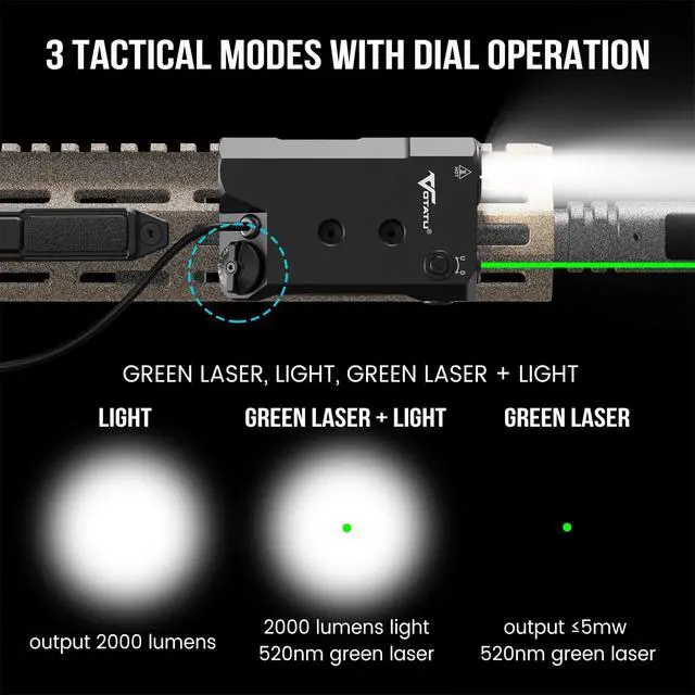 Alt view image 2 of 7 - V845 Green Laser/Light Combo Compatible with M-LOK Picatinny Rail, 2000 Lumens LED Flashlight and Laser Sight with Pressure Switch for Rifle and Carbine