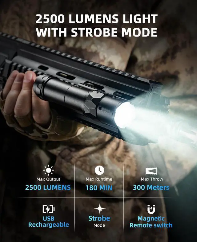 Alt view image 2 of 7 - 2500 Lumens Rifle Flashlight with Magnetic Remote Switch | High Lumens Shotgun Flashlight for Picatinny Rail, Rifle Light with Strobe Mode, Ar Flashlight for Home Defense, Hunting