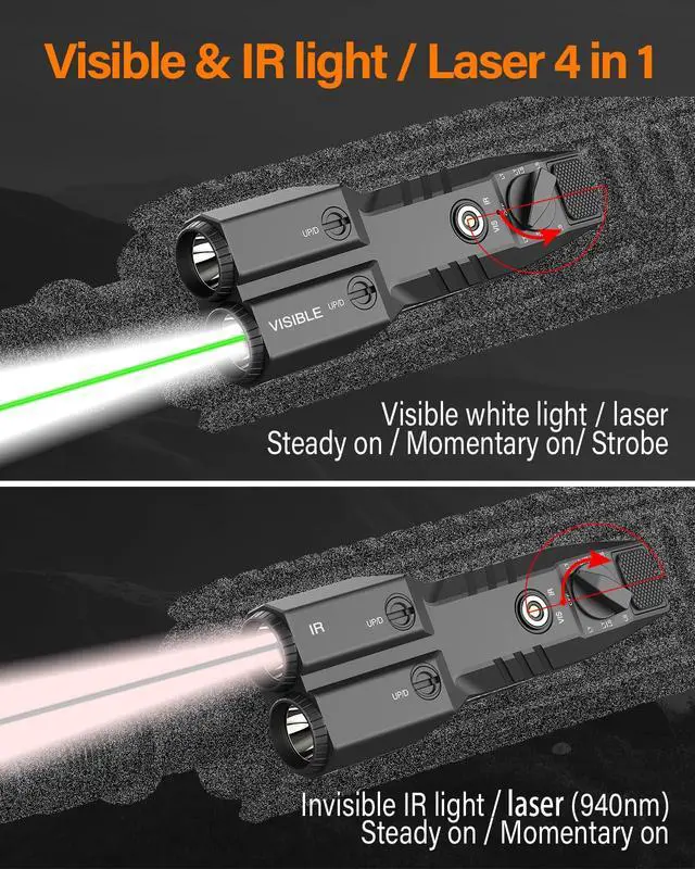 Alt view image 4 of 7 - Low Profile Mlok/Picatinny Mounted Tactical Flashlight Laser 4 in 1 Combo | Green Laser, 940nm IR, Illuminator Flashlight IR