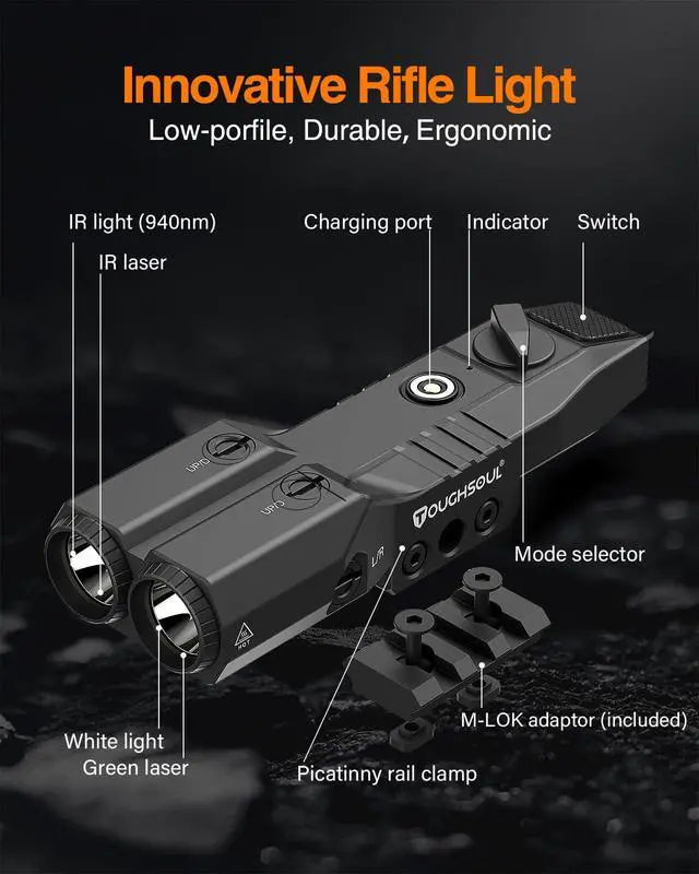 Alt view image 5 of 7 - Low Profile Mlok/Picatinny Mounted Tactical Flashlight Laser 4 in 1 Combo | Green Laser, 940nm IR, Illuminator Flashlight IR