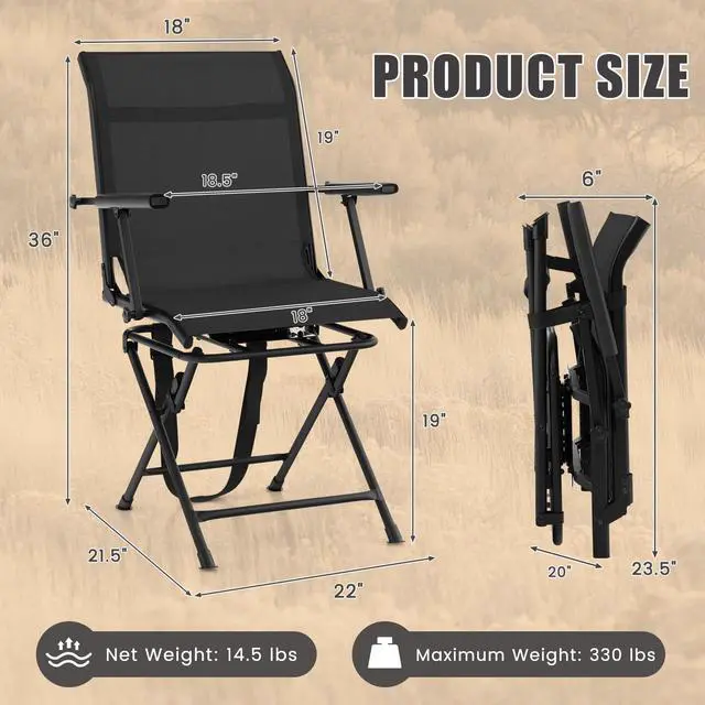 Alt view image 3 of 7 - Moccha Hunting Chair, 360° Swivel Blind Chair w/Armrest & Mesh Back, Non-Slipping Pads, Sturdy Metal Frame, 330LBS Capacity, Portable and Silent Folding Hunting Chairs for Blinds (Black)