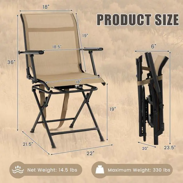Alt view image 3 of 7 - Moccha Hunting Chair, 360° Swivel Blind Chair w/Armrest & Mesh Back, Non-Slipping Pads, Sturdy Metal Frame, 330LBS Capacity, Portable and Silent Folding Hunting Chairs for Blinds (Brown)