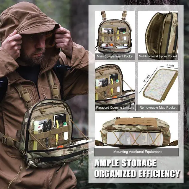 Alt view image 5 of 7 - Tactical Chest Rig Bag, 3L Utility Hypalon Molle Chest Rig With Map Pocket 500D Cordura Chest Bag for Hunting Workouts (Multicam)