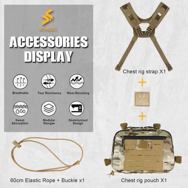 Alt view image 6 of 7 - Tactical Chest Rig Bag, 3L Utility Hypalon Molle Chest Rig With Map Pocket 500D Cordura Chest Bag for Hunting Workouts (Multicam)