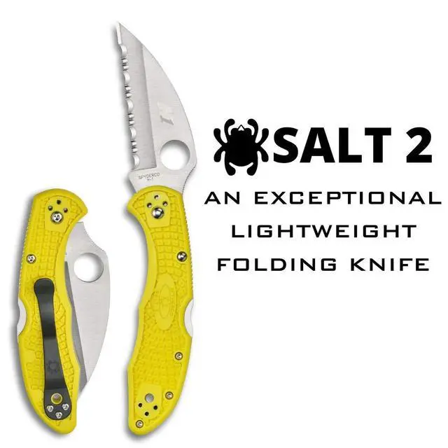 Alt view image 2 of 6 - Salt 2 Wharncliffe Folding Pocket Knife, SpyderEdge | Yellow, 7.15" Overall Length, 2.9" H-2 Steel Blade, FRN Handle, Back Lock, Hollow Grind