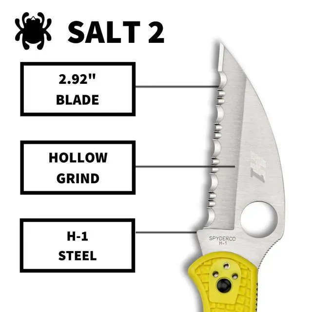 Alt view image 3 of 6 - Salt 2 Wharncliffe Folding Pocket Knife, SpyderEdge | Yellow, 7.15" Overall Length, 2.9" H-2 Steel Blade, FRN Handle, Back Lock, Hollow Grind