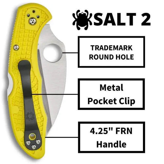 Alt view image 4 of 6 - Salt 2 Wharncliffe Folding Pocket Knife, SpyderEdge | Yellow, 7.15" Overall Length, 2.9" H-2 Steel Blade, FRN Handle, Back Lock, Hollow Grind