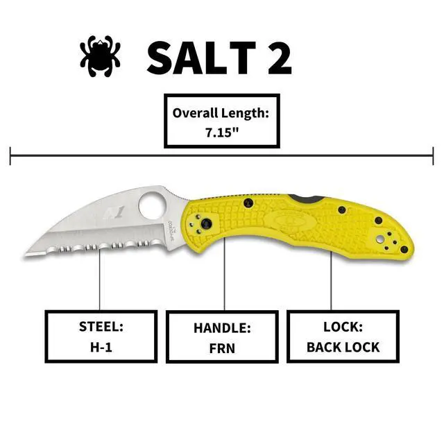 Alt view image 5 of 6 - Salt 2 Wharncliffe Folding Pocket Knife, SpyderEdge | Yellow, 7.15" Overall Length, 2.9" H-2 Steel Blade, FRN Handle, Back Lock, Hollow Grind