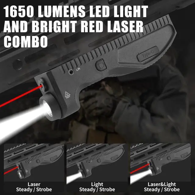Alt view image 2 of 6 - 1650 Lumens Strobe Function,Light Laser Combo, Flashlight and Red Laser Sight,High Real Lumen,USB-C Rechargeable IIIA Class Laser Power Output 5mW