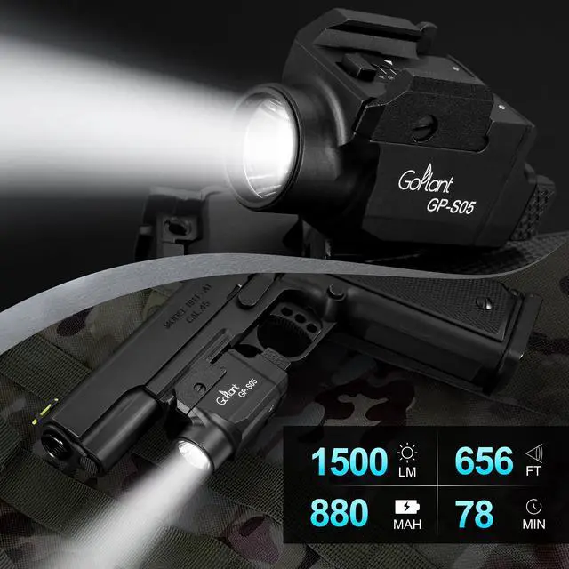 Alt view image 2 of 7 - 1500 Lumens Compact Pistol Flashlight, Aluminum Alloy Picatinny Flashlights Weapon Light, Subcompact Tactical Pistol Lights,LED White Light for Handgun, Rechargeable Gun Light