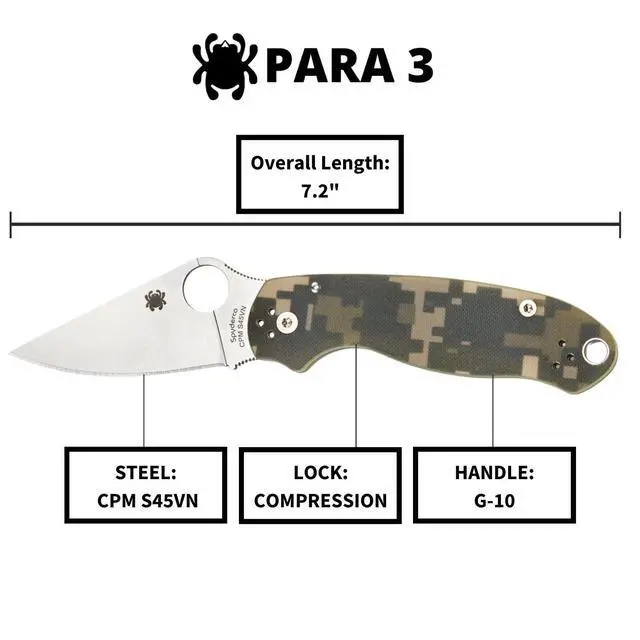 Alt view image 3 of 7 - Para 3 Camo 7.24" Signature Knife with 2.95" Stainless Steel Blade and Durable G-10 Handle - PlainEdge Serration - C223GPCMO