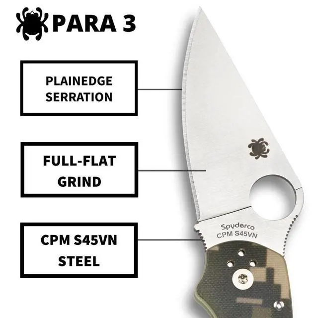 Alt view image 4 of 7 - Para 3 Camo 7.24" Signature Knife with 2.95" Stainless Steel Blade and Durable G-10 Handle - PlainEdge Serration - C223GPCMO