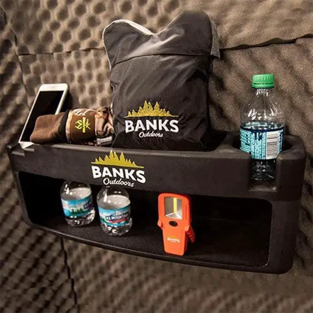 Alt view image 2 of 5 - Blind Storage Wall Shelf with Rubber Lined Shelves and Stump Light for Banks Stump Blind, Hunting Gear, and Personal Belongings