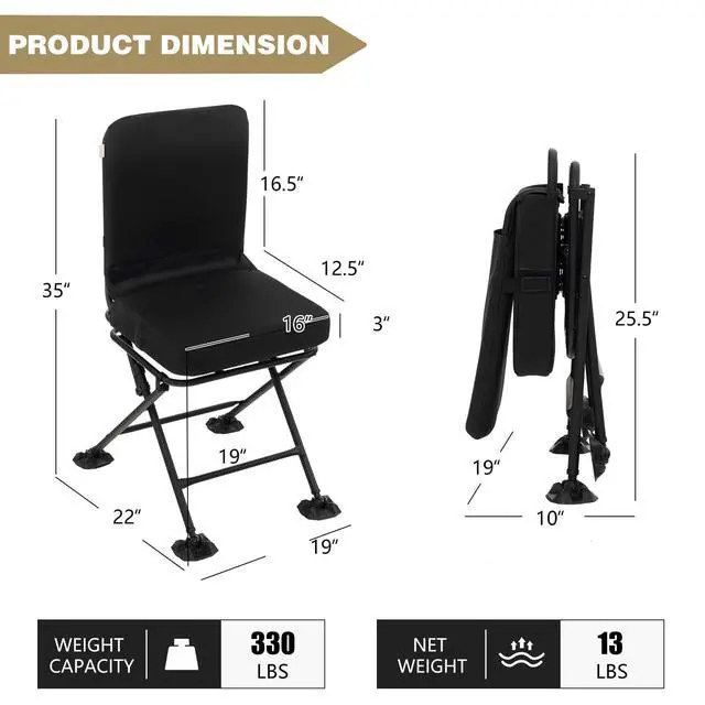 Alt view image 3 of 7 - Hunting Chair, 360 Degree Swivel Hunting Blind Chair w/ 3 Oversized Duck Feet & Camo Padded Cushion, 330 LBS Silent Waterproof Rustproof Folding Ground Blind Hunting Seat Stool for Outdoors