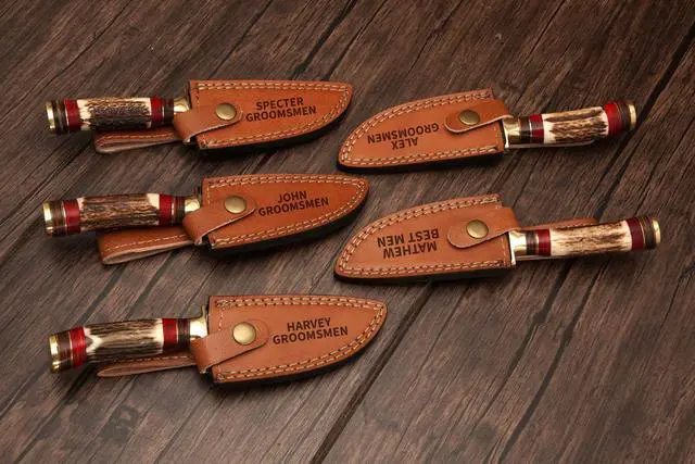 Alt view image 2 of 6 - Set of 5 Handmade Personalized Damascus Knife set for Groomsmen gifts | Groomsman Gifts for Wedding, Groomsmen Proposal Gifts