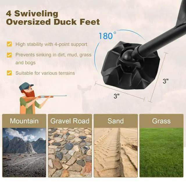 Alt view image 5 of 7 - Hunting Chair, 360 Degree Swivel Hunting Blind Chair w/ 3 Oversized Duck Feet & Camo Padded Cushion, 330 LBS Silent Waterproof Rustproof Folding Ground Blind Hunting Seat Stool for Outdoors