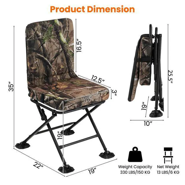 Alt view image 3 of 7 - Hunting Chair, 360 Degree Swivel Hunting Blind Chair w/ 3 Oversized Duck Feet & Camo Padded Cushion, 330 LBS Silent Waterproof Rustproof Folding Ground Blind Hunting Seat Stool for Outdoors
