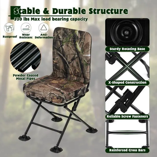 Alt view image 6 of 7 - Hunting Chair, 360 Degree Swivel Hunting Blind Chair w/ 3 Oversized Duck Feet & Camo Padded Cushion, 330 LBS Silent Waterproof Rustproof Folding Ground Blind Hunting Seat Stool for Outdoors