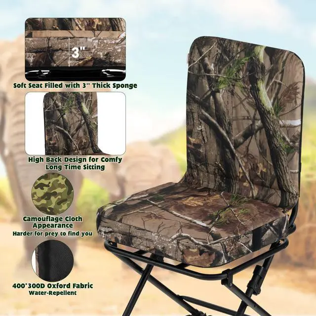 Alt view image 7 of 7 - Hunting Chair, 360 Degree Swivel Hunting Blind Chair w/ 3 Oversized Duck Feet & Camo Padded Cushion, 330 LBS Silent Waterproof Rustproof Folding Ground Blind Hunting Seat Stool for Outdoors