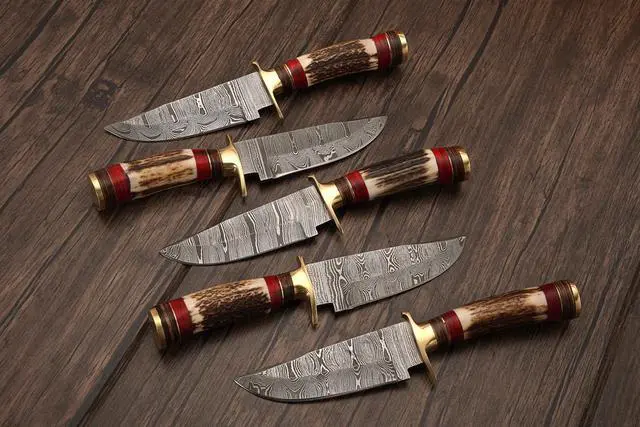 Alt view image 4 of 6 - Set of 5 Handmade Personalized Damascus Knife set for Groomsmen gifts | Groomsman Gifts for Wedding, Groomsmen Proposal Gifts