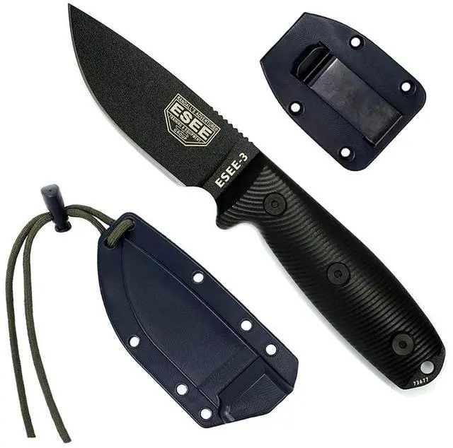 Main image of 3 Fixed Blade Knife with Sheath, 1095 Carbon Steel, Tactical Knife with 3D Contoured Handle, Made in USA, (Black Blade, Black G-10 3D Handle)