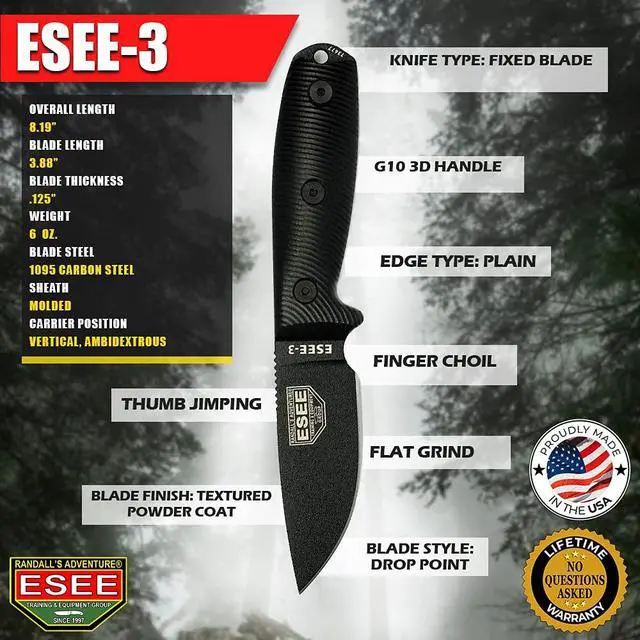 Alt view image 6 of 6 - 3 Fixed Blade Knife with Sheath, 1095 Carbon Steel, Tactical Knife with 3D Contoured Handle, Made in USA, (Black Blade, Black G-10 3D Handle)
