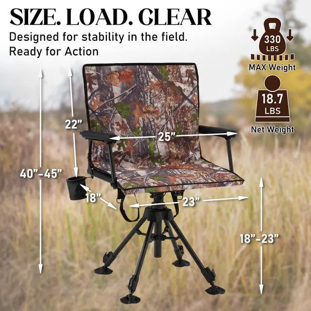 Alt view image 3 of 7 - 360° Silent Swivel Hunting Blind Chair with Bottle Holder, Padded Seat, Adjustable Height, Foldable Portable Outdoor Hunting & Fishing Chair