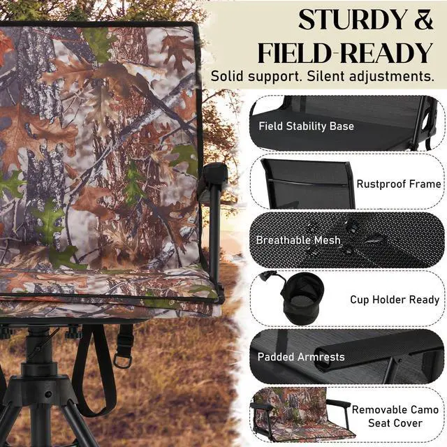 Alt view image 4 of 7 - 360° Silent Swivel Hunting Blind Chair with Bottle Holder, Padded Seat, Adjustable Height, Foldable Portable Outdoor Hunting & Fishing Chair