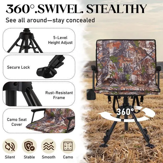 Alt view image 5 of 7 - 360° Silent Swivel Hunting Blind Chair with Bottle Holder, Padded Seat, Adjustable Height, Foldable Portable Outdoor Hunting & Fishing Chair