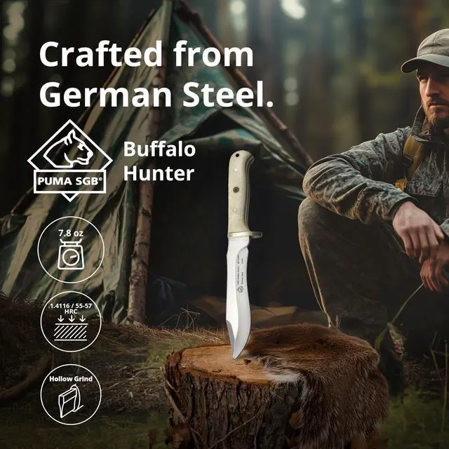 Alt view image 2 of 7 - Buffalo Hunter - Hunting Knife with White Bone Handle Handmade from German 1.4116 Steel 5.7'' Fixed Blade Full Tang Includes High Quality Leather Sheath