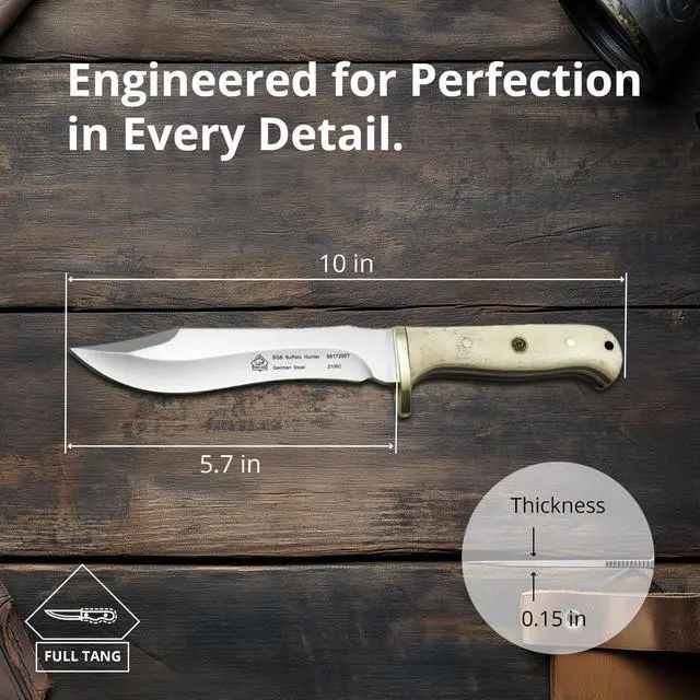 Alt view image 5 of 7 - Buffalo Hunter - Hunting Knife with White Bone Handle Handmade from German 1.4116 Steel 5.7'' Fixed Blade Full Tang Includes High Quality Leather Sheath