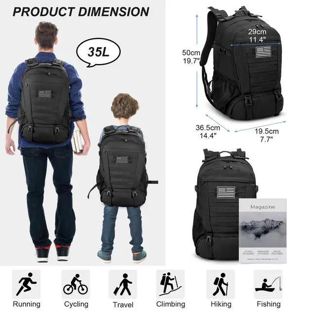 Alt view image 3 of 7 - Tactical Backpack for Men Hiking Day Pack Molle Military Rucksack Waterproof 30L EDC Bag with USA Flag Patch