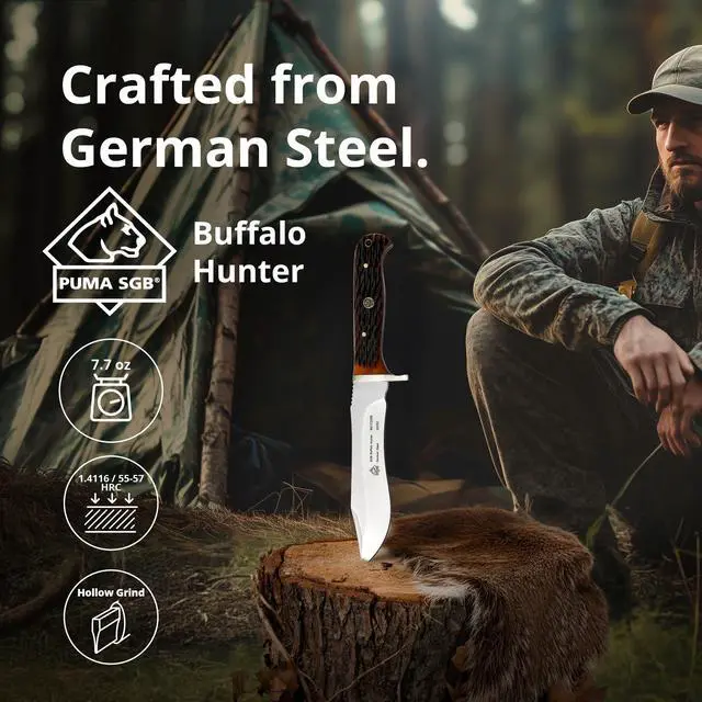 Alt view image 2 of 7 - Buffalo Hunter - Hunting Knife with Sunset Jigged Bone Handle Handmade from German 1.4116 Steel 5.7 Fixed Blade Full Tang Includes High Quality Leather Sheath