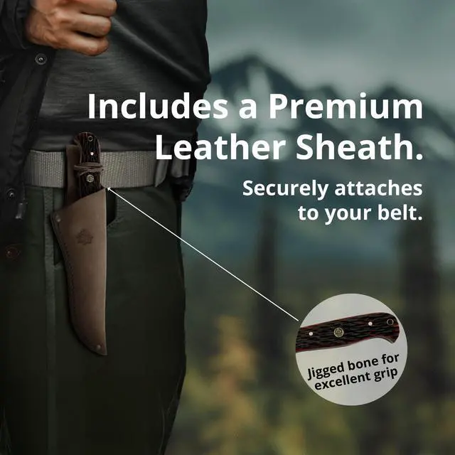 Alt view image 6 of 7 - Buffalo Hunter - Hunting Knife with Sunset Jigged Bone Handle Handmade from German 1.4116 Steel 5.7 Fixed Blade Full Tang Includes High Quality Leather Sheath