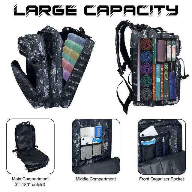Alt view image 3 of 7 - Military Tactical Backpack for Men, Large Army 3 Day Assault Pack with MOLLE Bag for Hiking Survival Gear, Range Bag(02 CamouflageBlack)