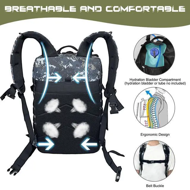 Alt view image 4 of 7 - Military Tactical Backpack for Men, Large Army 3 Day Assault Pack with MOLLE Bag for Hiking Survival Gear, Range Bag(02 CamouflageBlack)