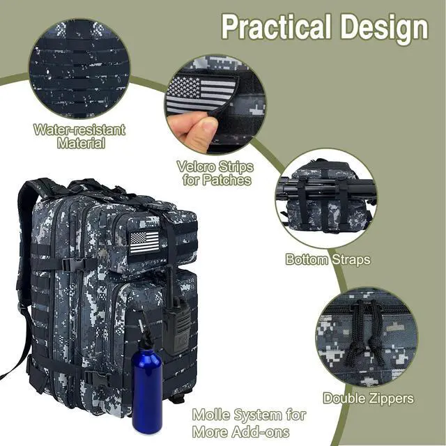 Alt view image 5 of 7 - Military Tactical Backpack for Men, Large Army 3 Day Assault Pack with MOLLE Bag for Hiking Survival Gear, Range Bag(02 CamouflageBlack)