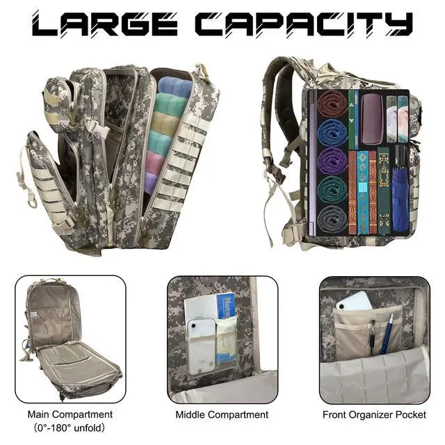 Alt view image 3 of 7 - Military Tactical Backpack for Men, Large Army 3 Day Assault Pack with MOLLE Bag for Hiking Survival Gear, Range Bag (CamouflageGrey)
