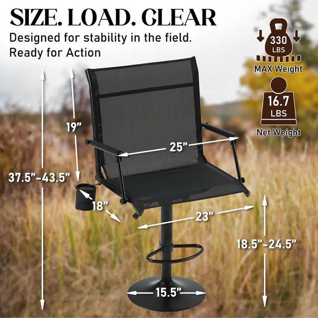 Alt view image 3 of 7 - 360° Silent Swivel Hunting Blind Chair with Bottle Holder, Padded Seat, Adjustable Height, Foldable Portable Outdoor Hunting & Fishing Chair