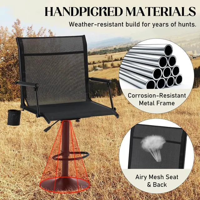 Alt view image 7 of 7 - 360° Silent Swivel Hunting Blind Chair with Bottle Holder, Padded Seat, Adjustable Height, Foldable Portable Outdoor Hunting & Fishing Chair