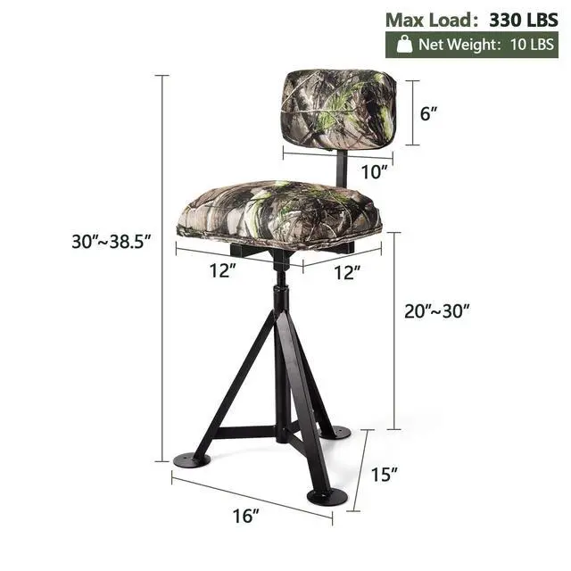Alt view image 3 of 7 - Moccha 360 Swivel Hunting Chair, Camo Blind Chair with Detachable Backrest, Padded Seat, Height Adjustable Hunter Fishing Camping Stool
