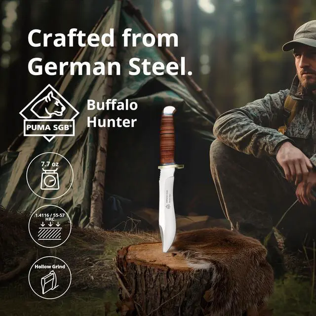 Alt view image 2 of 7 - Buffalo Hunter - Hunting Knife with Leather Handle Handmade from German 1.4116 Steel 5.7 Fixed Blade Full Tang Includes High Quality Leather Sheath