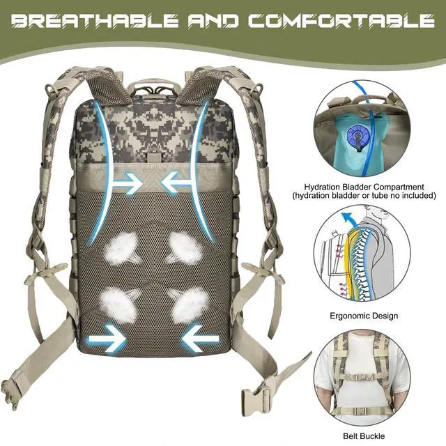 Alt view image 4 of 7 - Military Tactical Backpack for Men, Large Army 3 Day Assault Pack with MOLLE Bag for Hiking Survival Gear, Range Bag (CamouflageGrey)