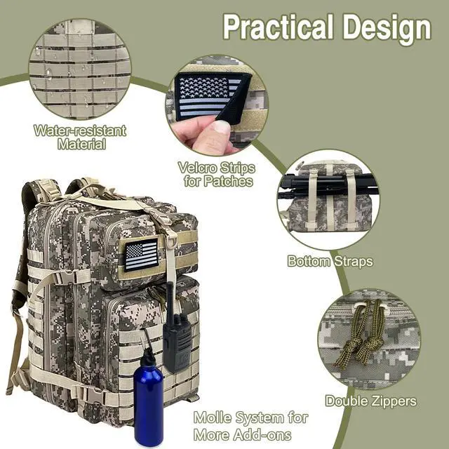 Alt view image 5 of 7 - Military Tactical Backpack for Men, Large Army 3 Day Assault Pack with MOLLE Bag for Hiking Survival Gear, Range Bag (CamouflageGrey)