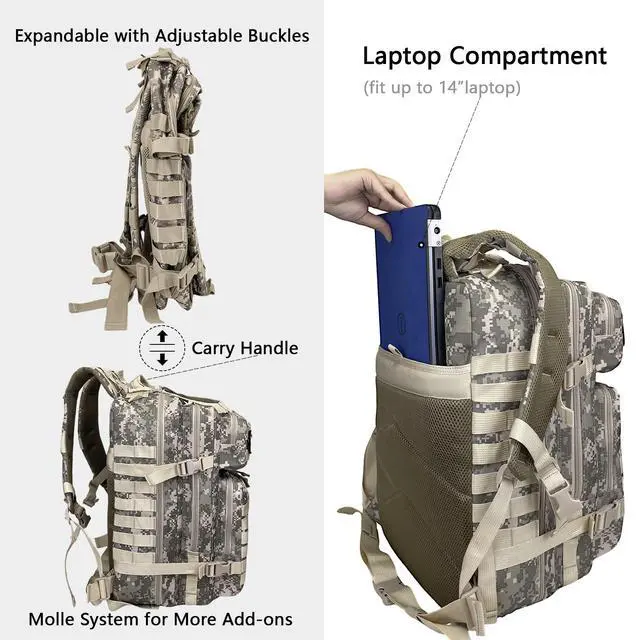 Alt view image 6 of 7 - Military Tactical Backpack for Men, Large Army 3 Day Assault Pack with MOLLE Bag for Hiking Survival Gear, Range Bag (CamouflageGrey)