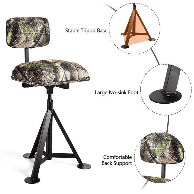 Alt view image 5 of 7 - Moccha 360 Swivel Hunting Chair, Camo Blind Chair with Detachable Backrest, Padded Seat, Height Adjustable Hunter Fishing Camping Stool