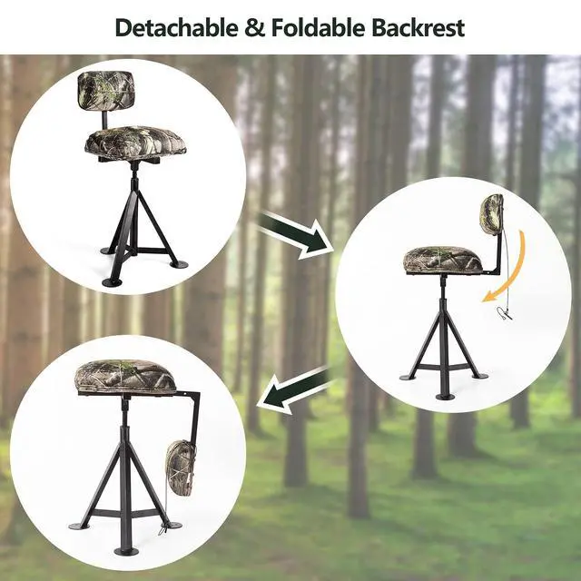 Alt view image 7 of 7 - Moccha 360 Swivel Hunting Chair, Camo Blind Chair with Detachable Backrest, Padded Seat, Height Adjustable Hunter Fishing Camping Stool