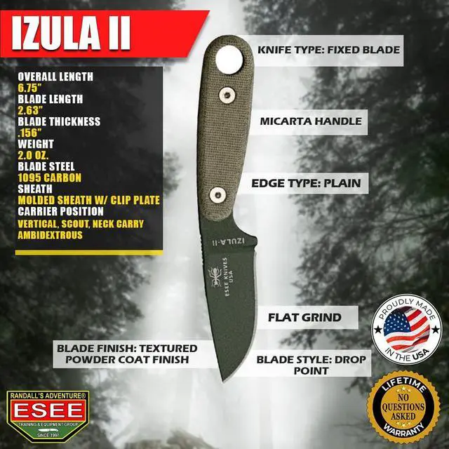 Alt view image 2 of 2 - Knives Izula-II Fixed Blade Knife, Micarta Handle, Molded Sheath, Clip Plate (OD Green)